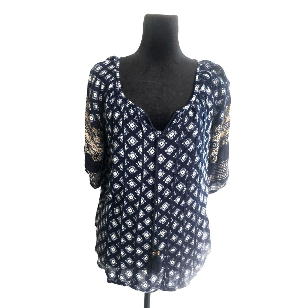 Apollo Boho‎ Style Womens Peasant Blouse with Tassel Ties & Patterns Medium